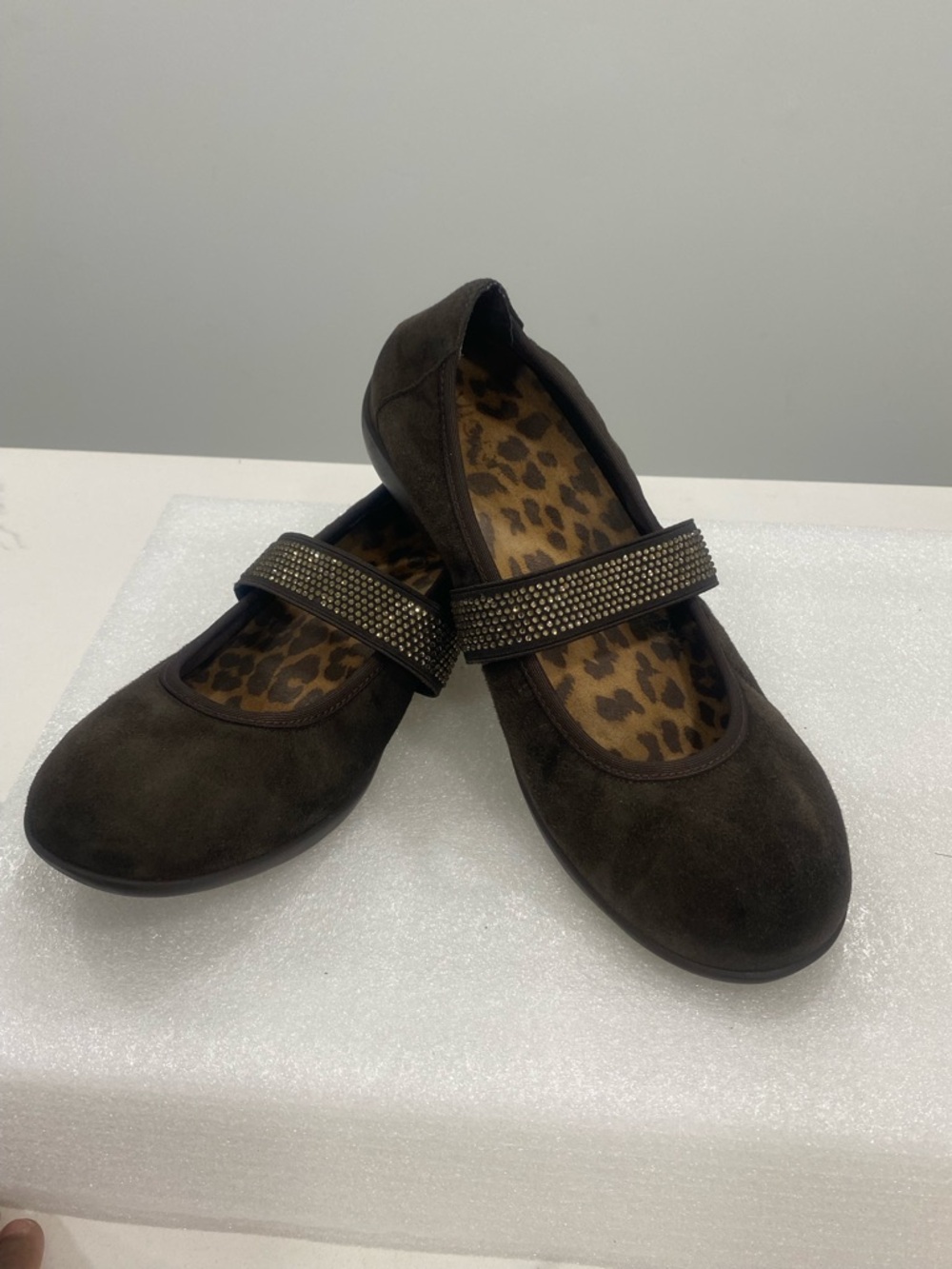 Vionic Dark Brown Suede Mary Jane Flats with Jeweled Strap